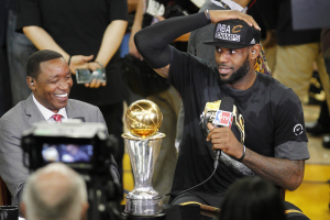 Oakland, CA, USA; Cleveland Cavaliers forward LeBron James (23) is interviewed by NBA TV analyst Isiah Thomas following the 93-89 victory against the Golden State Warriors in game seven of the NBA Finals at Oracle Arena.  <br/>Cary Edmondson-USA TODAY Sports