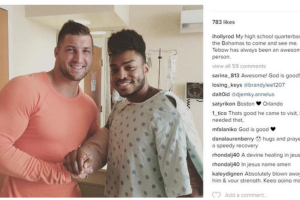 Former Florida Gator quarterback Tim Tebow left his vacation in the Bahamas to visit former high school teammate Rodney Sumter Jr., who was shot three times in the Orlando nightclub attack earlier this month. <br/>Instagram