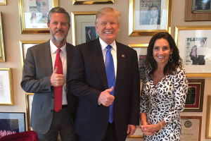 This photo of (from left) Jerry Falwell Jr., Donald Trump and Falwell’s wife, Becki, got the Christian leader into some controversy Tuesday. @JerryJrFalwell Twitter<br />
<br />
 <br/>Twitter