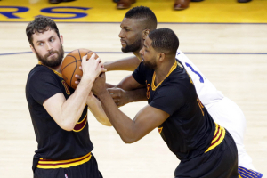 June 19, 2016; Oakland, CA, USA; Cleveland Cavaliers forward Kevin Love (0) and center Tristan Thompson (13) keep the ball away from Golden State Warriors guard Leandro Barbosa (19) in the second half in game seven of the NBA Finals at Oracle Arena.  <br/>Kelley L Cox-USA TODAY Sports
