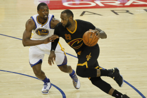 June 19, 2016; Oakland, CA, USA; Cleveland Cavaliers forward LeBron James (23) moves the ball against Golden State Warriors forward Harrison Barnes (40) in the second half in game seven of the NBA Finals at Oracle Arena.  <br/>Cary Edmondson-USA TODAY Sports