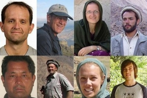 This combination of undated photographs provided by the International Assistance Mission (IAM) shows eight of 10 IAM workers slain in an attack claimed by the Taliban. From left to right top row, Glenn Lapp, Tom Little, Daniela Beyer, Jawed, and left to right bottom row, Mahram Ali, Dan Terry, Cheryl Becket and Brian Carderelli. <br/>IAM