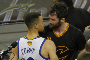 June 19, 2016; Oakland, CA, USA; Cleveland Cavaliers forward Kevin Love (0) speaks with Golden State Warriors guard Stephen Curry (30) following the 93-89 victory in game seven of the NBA Finals at Oracle Arena.  <br/>Cary Edmondson-USA TODAY Sports
