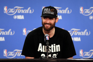 Oakland, CA, USA; Cleveland Cavaliers forward Kevin Love (0) speaks to media following the 93-89 victory against the Golden State Warriors in game seven of the NBA Finals at Oracle Arena.  <br/>Kelley L Cox-USA TODAY Sports