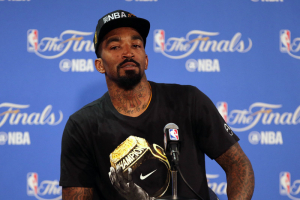 Oakland, CA, USA; Cleveland Cavaliers guard J.R. Smith (5) speaks to media following the 93-89 victory against the Golden State Warriors in game seven of the NBA Finals at Oracle Arena.  <br/>Kelley L Cox-USA TODAY Sports