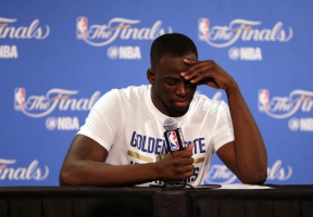 Oakland, CA, USA; Golden State Warriors forward Draymond Green (23) reacts while speaking to media following the 93-89 loss against the Cleveland Cavaliers in game seven of the NBA Finals at Oracle Arena. <br/>Kelley L Cox-USA TODAY Sports
