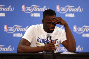 Oakland, CA, USA; Golden State Warriors forward Draymond Green (23) reacts while speaking to media following the 93-89 loss against the Cleveland Cavaliers in game seven of the NBA Finals at Oracle Arena. <br/>Kelley L Cox-USA TODAY Sports