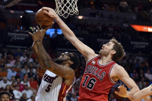 Miami, FL, USA; Chicago Bulls center Pau Gasol (16) blocks the shot by Miami Heat forward Amar'e Stoudemire (5) during the second half at American Airlines Arena.  <br/>Steve Mitchell-USA TODAY Sports
