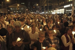 Hundreds of people participate in a candle light vigil in support of the proposed Islamic cultural center two blocks from the World Trade Center site, Friday, Sept. 10, 2010 in New York. <br/>AP Photo / Mary Altaffer