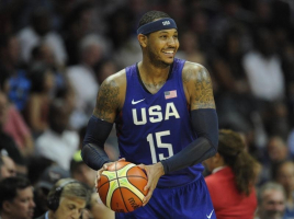 Los Angeles, CA, USA; USA forward Carmelo Anthony brings the ball inbound against China in the second half during an exhibition basketball game at Staples Center.  <br/>Gary A. Vasquez-USA TODAY Sports