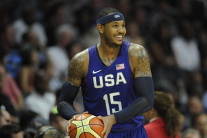 Los Angeles, CA, USA; USA forward Carmelo Anthony brings the ball inbound against China in the second half during an exhibition basketball game at Staples Center.  <br/>Gary A. Vasquez-USA TODAY Sports