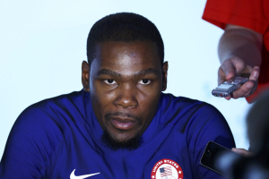 Kevin Durant (USA) of the U.S. attends a news conference.  <br/>REUTERS/Lucy Nicholson