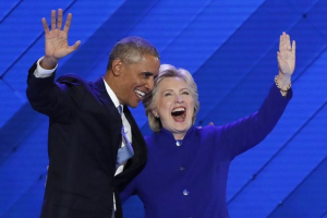 U.S. President Barack Obama and Democratic presidential nominee Hillary Clinton appear onstage together after his speech on the third night at the Democratic National Convention in Philadelphia, Pennsylvania, U.S. July 27, 2016.  <br/>REUTERS/Mike Segar
