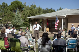 President Barack Obama addresses an invited group of guest at the home of Andy Cavalier, in what the administration is calling a backyard discussion, Tuesday, Sept. 28, 2010 in Albuquerque, N.M. <br/>AP Images / Craig Fritz