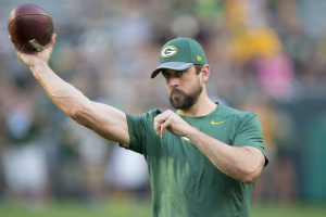Aug 18, 2016; Green Bay, WI, USA; Green Bay Packers quarterback Aaron Rodgers throws a pass during warmups prior to the game against the Oakland Raiders at Lambeau Field.  <br/>Jeff Hanisch-USA TODAY Sports