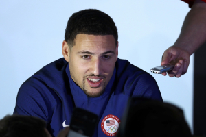 Klay Thompson (USA) of the U.S. attends a news conference.  <br/>REUTERS/Lucy Nicholson