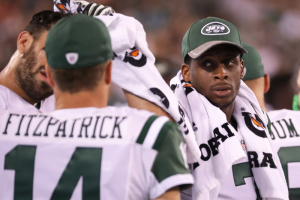 Aug 11, 2016; East Rutherford, NJ, USA; New York Jets quarterback Geno Smith (7) and quarterback Ryan Fitzpatrick (14) during the second half of the preseason game against the Jacksonville Jaguars at MetLife Stadium. The Jets won, 17-23.  <br/>Vincent Carchietta-USA TODAY Sports