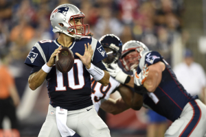 Foxborough, MA, USA; New England Patriots quarterback Jimmy Garoppolo (10) looks to make a pass during the first half against the Chicago Bears at Gillette Stadium. <br/>Bob DeChiara-USA TODAY Sports