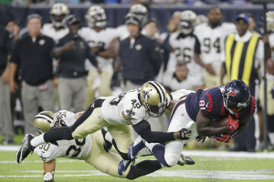 Aug 20, 2016; Houston, TX, USA; Houston Texans tight end Anthony Denham (81) is tackled by New Orleans Saints free safety Vonn Bell (48) in the second half at NRG Stadium. Texans won 16-9.  <br/>Thomas B. Shea-USA TODAY Sports
