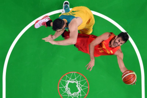 Aug 21, 2016; Rio de Janeiro, Brazil; Spain guard Ricky Rubio (79) shoots the ball against Australia center Andrew Bogut (6) in the men's basketball bronze medal match during the Rio 2016 Summer Olympic Games at Carioca Arena 1.  <br/>USA TODAY Sports