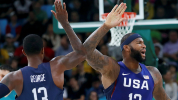 Demarcus Cousins (USA) of the USA and Paul George (USA) of the USA.  <br/>REUTERS/Jim Young 