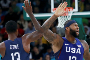 Demarcus Cousins (USA) of the USA and Paul George (USA) of the USA.  <br/>REUTERS/Jim Young 