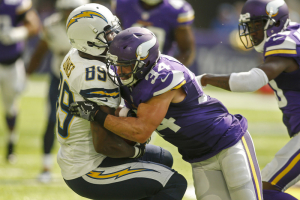 Aug 28, 2016; Minneapolis, MN, USA; Minnesota Vikings safety Andrew Sendejo (34) tackles San Diego Chargers wide receiver James Jones (89) in the fourth quarter at U.S. Bank Stadium. The Vikings won 23-10.  <br/> Bruce Kluckhohn-USA TODAY Sports