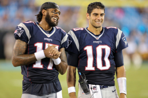 Aug 26, 2016; Charlotte, NC, USA; New England Patriots quarterback Jimmy Garoppolo (10) and wide receiver Aaron Dobson (17) during the second half at Bank of America Stadium. Patriots win over the Panthers 19-17.  <br/>Jim Dedmon-USA TODAY Sports
