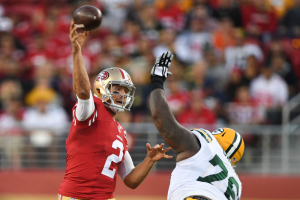 August 26, 2016; Santa Clara, CA, USA; San Francisco 49ers quarterback Blaine Gabbert (2) passes the football against Green Bay Packers defensive end Mike Daniels (76) during the first quarter at Levi's Stadium.  <br/>Kyle Terada-USA TODAY Sports
