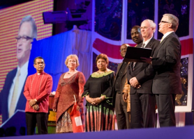 A panel of Christian leaders representing past Lausanne conferences as well as the current Lausanne III gives greetings to the more than 4,000 attendees of Lausanne III at the opening ceremony on Sunday, Oct. 17, 2010, in Cape Town, South Africa. <br/>The Christian Post/Hudson Tsuei