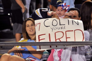 Sep 1, 2016; San Diego, CA, USA; A San Diego Chargers fan holds up a sign in reference to San Francisco 49ers quarterback Colin Kaepernick (not pictured) during the first half of the game at Qualcomm Stadium. Mandatory Credit: Orlando Ramirez-USA TODAY Sports <br/>