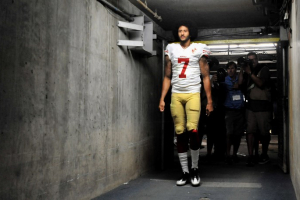 Sep 1, 2016; San Diego, CA, USA; San Francisco 49ers quarterback Colin Kaepernick (7) walks into the tunnel after the game against the San Diego Chargers at Qualcomm Stadium. San Francisco won 31-21. Mandatory Credit: Orlando Ramirez-USA TODAY Sports <br/>
