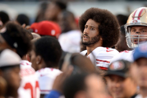 Sep 1, 2016; San Diego, CA, USA; San Francisco 49ers quarterback Colin Kaepernick (7) looks on before the national anthem against the San Diego Chargers at Qualcomm Stadium. Mandatory Credit: Jake Roth-USA TODAY Sports <br/>