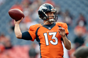 Denver, CO, USA; Denver Broncos quarterback Trevor Siemian (13) warms up prior to the game against the Los Angeles Rams at Sports Authority Field at Mile High.  <br/>Isaiah J. Downing-USA TODAY Sports