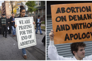 A combination photo shows an anti-abortion protest march (L) and a pro-abortion rights protester holds a sign as he confronts an anti-abortion demonstration in Queens, New York, on October 20, 2012. <br/> REUTERS/Andrew Kelly/File Photos