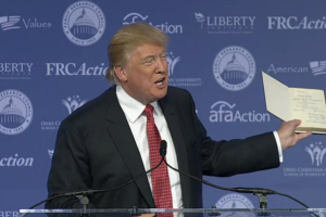 Republican presidential candidate Donald Trump holds his Bible while speaking to Values Voter Summit attendees Friday afternoon (Sept. 9, 2016) in Washington, DC. <br/>Screengrab