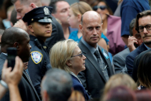 U.S. Democratic presidential candidate Hillary Clinton attends ceremonies to mark the 15th anniversary of the September 11 attacks at the National 9/11 Memorial in New York, New York, United States September 11, 2016.  REUTERS/Brian Snyder <br/>