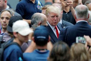 U.S. Republican presidential candidate Donald Trump attends ceremonies to mark the 15th anniversary of the September 11 attacks at the National 9/11 Memorial in New York, New York, United States September 11, 2016.  REUTERS/Brian Snyder <br/>