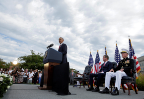 U.S. President Barack Obama, Defense Secretary Ash Carter and Joint Chiefs Chair Gen. Joseph Dunford take part in a ceremony marking the 15th anniversary of the 9/11 attacks at the Pentagon in Washington, U.S., September 11, 2016.      REUTERS/Joshua Roberts <br/>