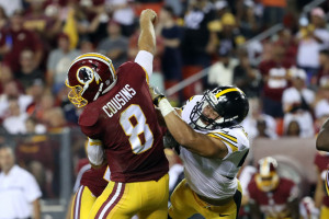 Washington Redskins quarterback Kirk Cousins (8) is hit by Pittsburgh Steelers linebacker L.J. Fort (54) while throwing the ball in the fourth quarter at FedEx Field. The Steelers won 38-16.  <br/>Geoff Burke-USA TODAY Sports