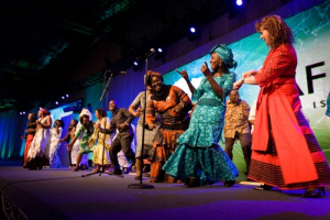 African women in their native dresses dance and sing on Africa-focused night at the Lausanne III conference on Friday, Oct. 22, 2010, in Cape Town, South Africa. <br/>The Christian Post/Hudson Tsuei