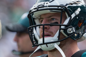 Sep 11, 2016; Philadelphia, PA, USA; Philadelphia Eagles quarterback Carson Wentz (11) during a break in action against the Cleveland Browns in the second quarter at Lincoln Financial Field.The Philadelphia Eagles won 29-10.  <br/>Bill Streicher-USA TODAY Sports