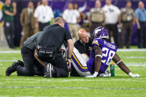 Minnesota Vikings running back Adrian Peterson (28) is injured during the third quarter against the Green Bay Packers at U.S. Bank Stadium. The Vikings defeated the Packers 17-14.  <br/>Brace Hemmelgarn-USA TODAY Sports