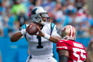 Sep 18, 2016; Charlotte, NC, USA; Carolina Panthers quarterback Cam Newton (1) looks to pass the ball while San Francisco 49ers outside linebacker Ahmad Brooks (55) applies pressure during the first quarter at Bank of America Stadium.  <br/>Jeremy Brevard-USA TODAY Sports