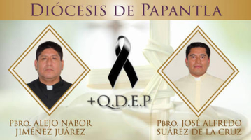 In this composite image released by the Diocese of Papantla, Mexico on Monday, Sept. 19, 2016, photos of priests Alejo Nabor Jimenez Juarez, left, and Jose Alfredo Juarez de la Cruz are shown with a black mourning ribbon and a Rest in Peace acronym placed between them. Both men were found dead after being abducted on Sunday in the city of Poza Rica on Mexico's Gulf coast state of Veracruz. Their bodies were found dumped by a roadside Monday. A third man who was abducted along with them was later found alive. The area around Poza Rica has been the scene of drug gang violence. (Diocese of Papantla via AP) <br/>