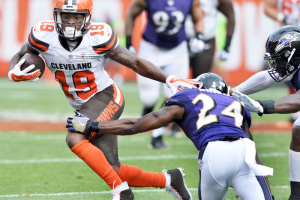 Cleveland Browns wide receiver Corey Coleman (19) runs with the ball after a catch as Baltimore Ravens cornerback Shareece Wright (24) goes for the tackle during the second half at FirstEnergy Stadium. The Ravens won 25-20.  <br/>Ken Blaze-USA TODAY Sports