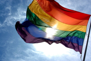 Rainbow flag flapping in the wind with blue skies and the sun. <br/>Wikimedia Commons