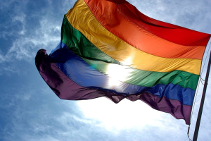 Rainbow flag flapping in the wind with blue skies and the sun. <br/>Wikimedia Commons
