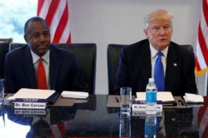Dr. Ben Carson (on left) is standing by his chosen presidential candidate, GOP Donald Trump, after a video surfaced of Trump's lewd remarks about women, while former U.S. Secretary and Republican Condoleeza Rice said she thinks it is time for Trump to step out of the 2016 presidential race.  <br/>Reuters 