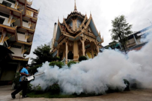 A city worker fumigates the area to control the spread of mosquitoes at a temple in Bangkok, Thailand, September 14, 2016. <br />
<br />
 <br/>Reuters/Chaiwat Subprasom